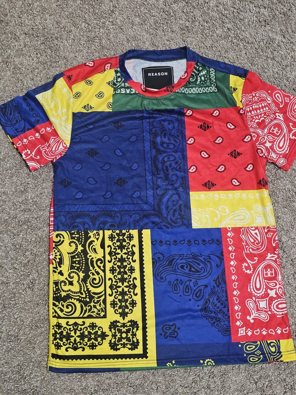 Reason Multicolor Bandana Patchwork Tee - Red, Blue, Yellow, Green